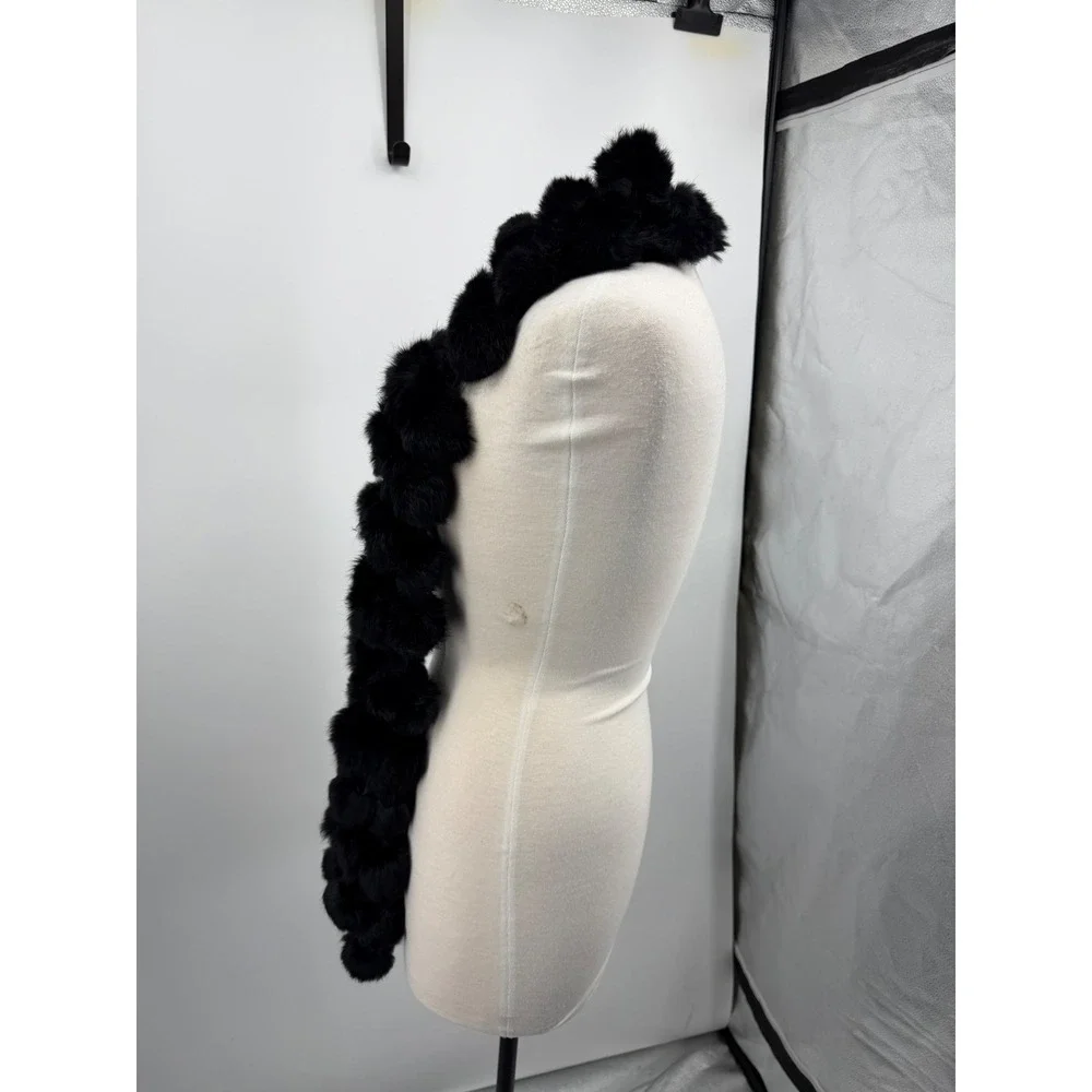 Unbranded Pom Pom Scarf Womens OS Black Genuine Rabbit Fur Tiered Long Scarf